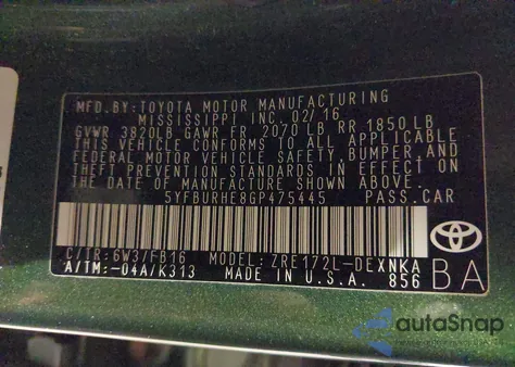 2016 Toyota Corolla Le z USA, uszkodzony, nr VIN 5YFBURHE8GP475445